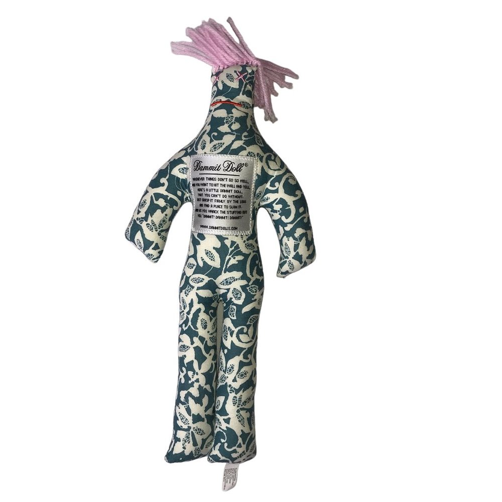 Dammit Doll Voodoo.  Floral Paisley Pattern White Teal Pink Hair 12 Inches Tall